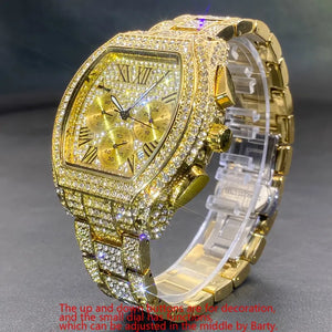 Men's Iced Out Quartz Watch Rhinestone Embellished, Party Style Stopwatch with Non-Waterproof Zinc Alloy Case and Band, Electronic Drive Barrel Shaped Dial, Hip Hop Sport Wristwatch with Pointer Display