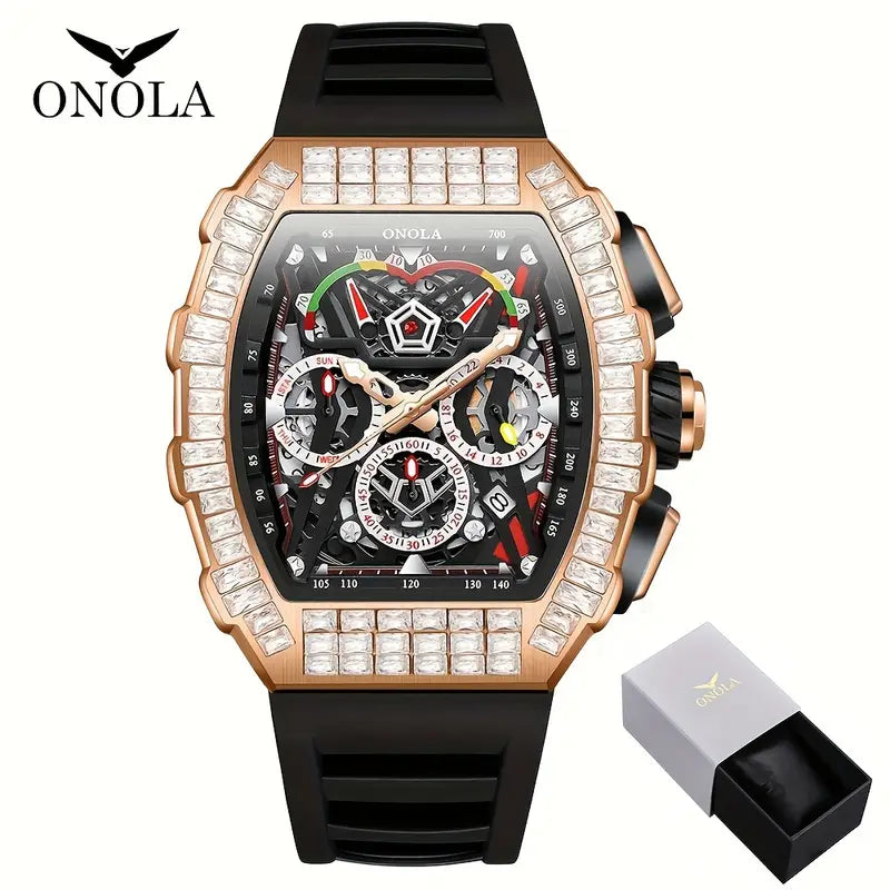 Men's Sports Mechanical Watch with Date Function, 30m Water Resistant, Silicone Band, Alloy Case, Automatic Mechanical Movement, Barrel-Shaped Dial with Rhinestone Accents, Regular Cleaning Required