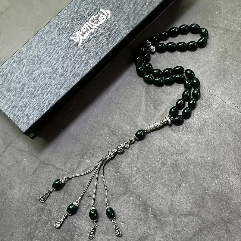 Tesbih Beads 1pc Natural Stone Green Agate Muslim Rosary 34pcs Natural Gemstone Prayer Pilgrimage Handmade Misbahah, Tasbih Rosary, Sibha Tassel Gemstone Energy Protection Jewelry for Men and Women, Beautiful Gift for Ramadan in the Middle East, Gift Box