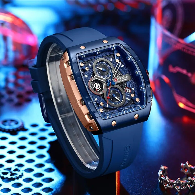 Stylish Men's Barrel-Shaped Quartz Watch with Large Dial - Waterproof, Silicone Strap, Date Feature, Alloy Case, Fashionable Business Style