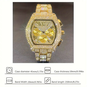 Men's Iced Out Quartz Watch Rhinestone Embellished, Party Style Stopwatch with Non-Waterproof Zinc Alloy Case and Band, Electronic Drive Barrel Shaped Dial, Hip Hop Sport Wristwatch with Pointer Display