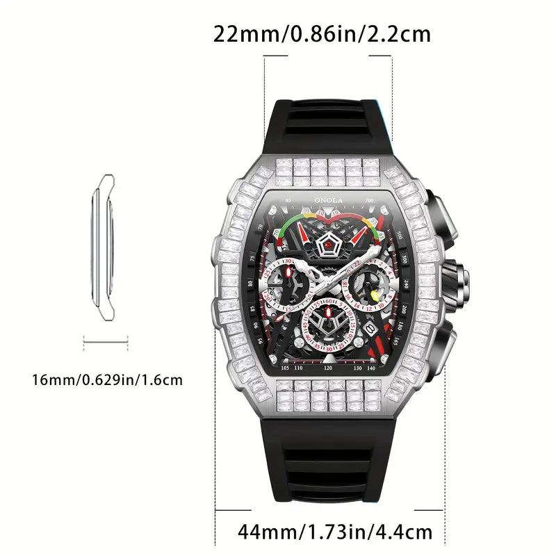 Men's Sports Mechanical Watch with Date Function, 30m Water Resistant, Silicone Band, Alloy Case, Automatic Mechanical Movement, Barrel-Shaped Dial with Rhinestone Accents, Regular Cleaning Required