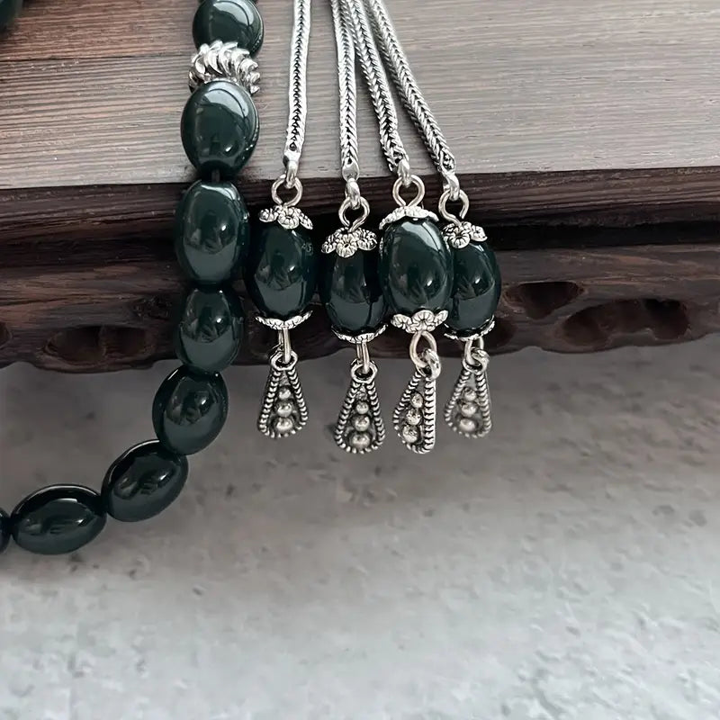 Tesbih Beads 1pc Natural Stone Green Agate Muslim Rosary 34pcs Natural Gemstone Prayer Pilgrimage Handmade Misbahah, Tasbih Rosary, Sibha Tassel Gemstone Energy Protection Jewelry for Men and Women, Beautiful Gift for Ramadan in the Middle East, Gift Box