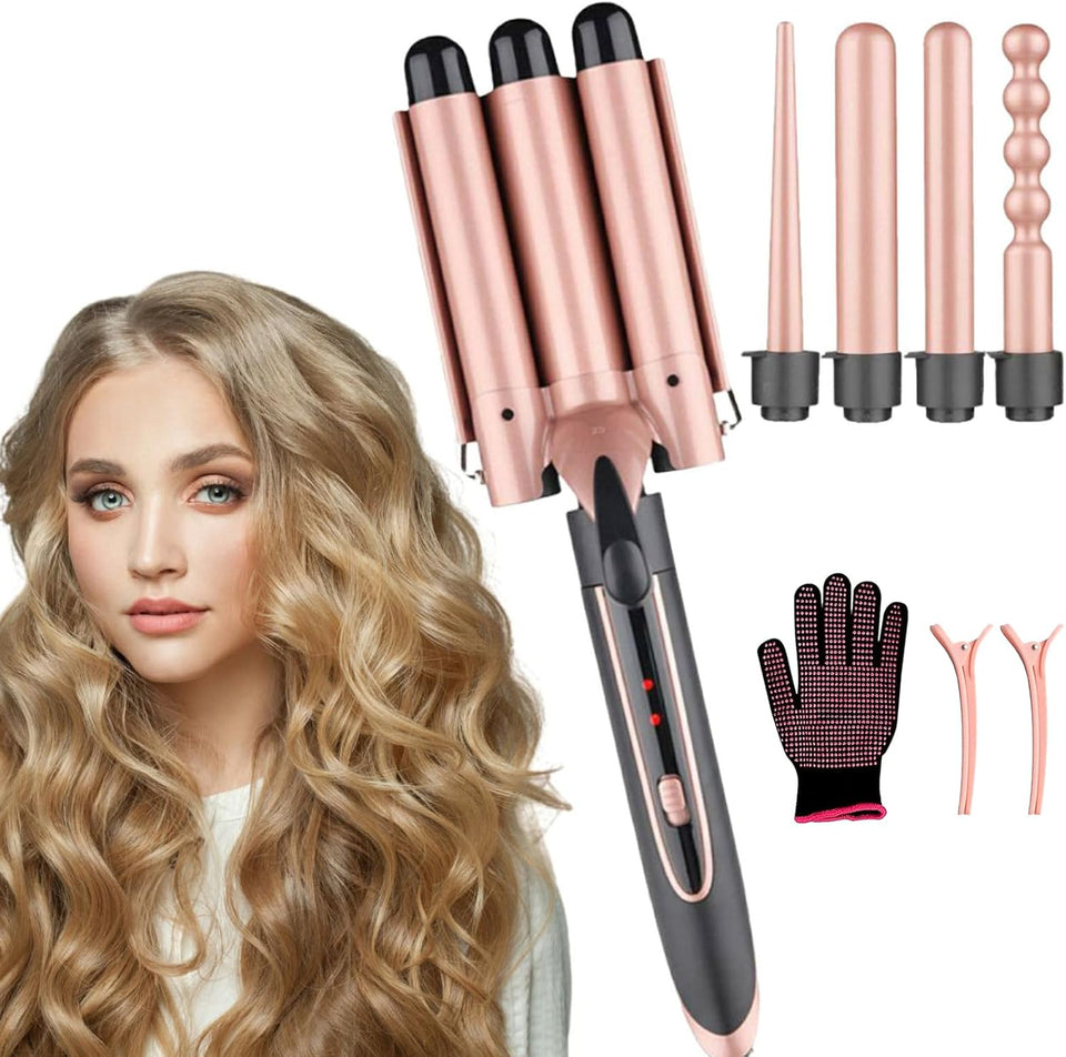 Hair Curling Iron, Professional Curling Wand Set, 5 in 1 Hair Curler with 5 Interchangeable Curling Wand Ceramic Barrel, and 2 Temperature Adjustments, Heat Protective Glove & 2 Clips