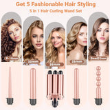 Hair Curling Iron, Professional Curling Wand Set, 5 in 1 Hair Curler with 5 Interchangeable Curling Wand Ceramic Barrel, and 2 Temperature Adjustments, Heat Protective Glove & 2 Clips