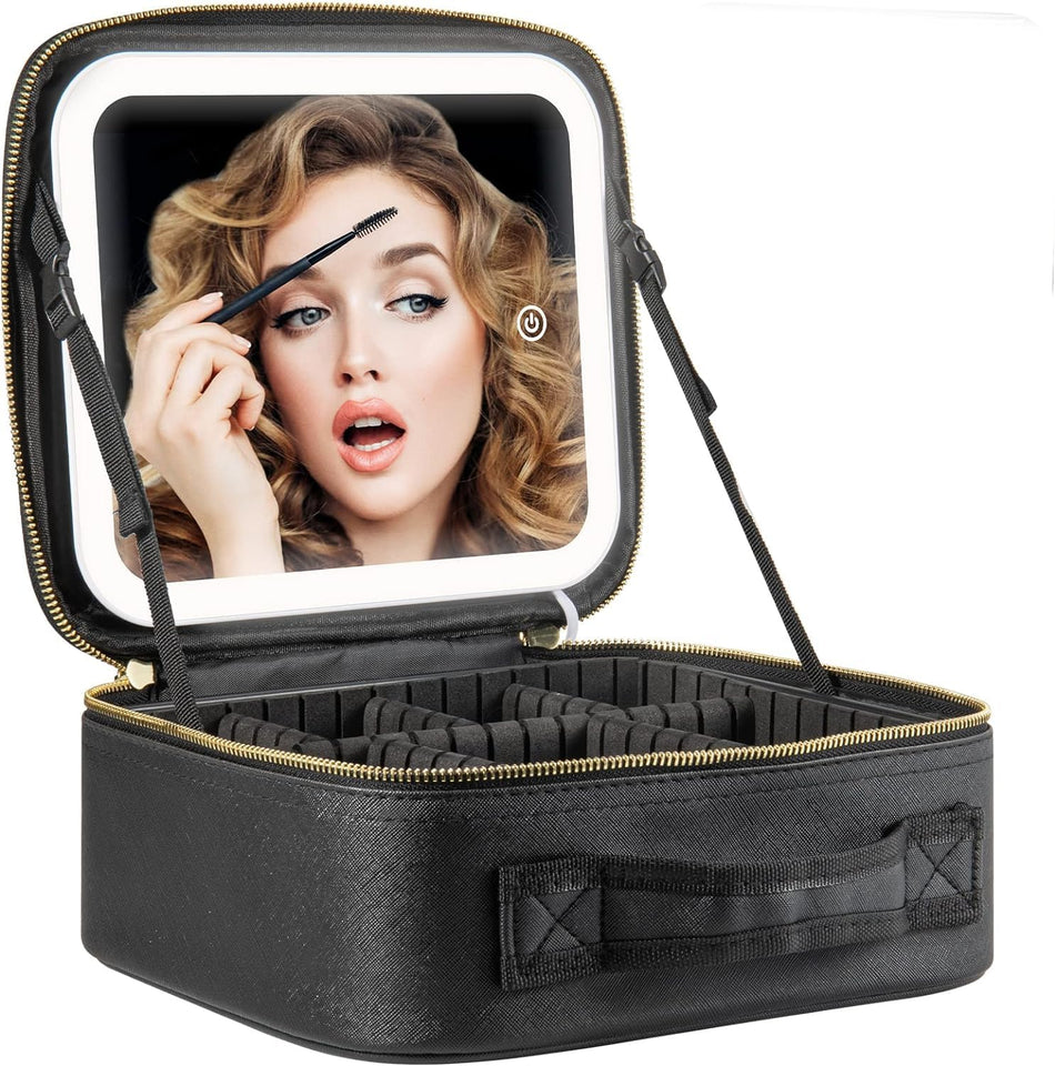 Travel Makeup Bag with Led Mirror, Travel Makeup Train Case Cosmetic Bag Organizer with Adjustable Dividers, Makeup Case with Mirror, 3 Adjustable Brightness Cosmetic Bag (Black with light)