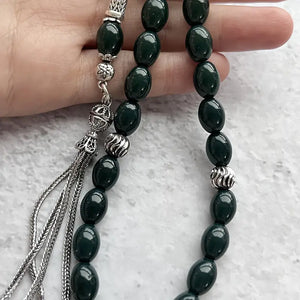 Tesbih Beads 1pc Natural Stone Green Agate Muslim Rosary 34pcs Natural Gemstone Prayer Pilgrimage Handmade Misbahah, Tasbih Rosary, Sibha Tassel Gemstone Energy Protection Jewelry for Men and Women, Beautiful Gift for Ramadan in the Middle East, Gift Box