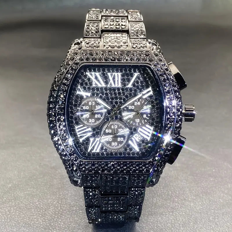 Men's Iced Out Quartz Watch Rhinestone Embellished, Party Style Stopwatch with Non-Waterproof Zinc Alloy Case and Band, Electronic Drive Barrel Shaped Dial, Hip Hop Sport Wristwatch with Pointer Display