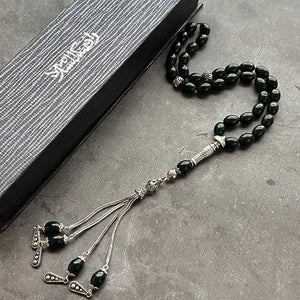 Tesbih Beads 1pc Natural Stone Green Agate Muslim Rosary 34pcs Natural Gemstone Prayer Pilgrimage Handmade Misbahah, Tasbih Rosary, Sibha Tassel Gemstone Energy Protection Jewelry for Men and Women, Beautiful Gift for Ramadan in the Middle East, Gift Box